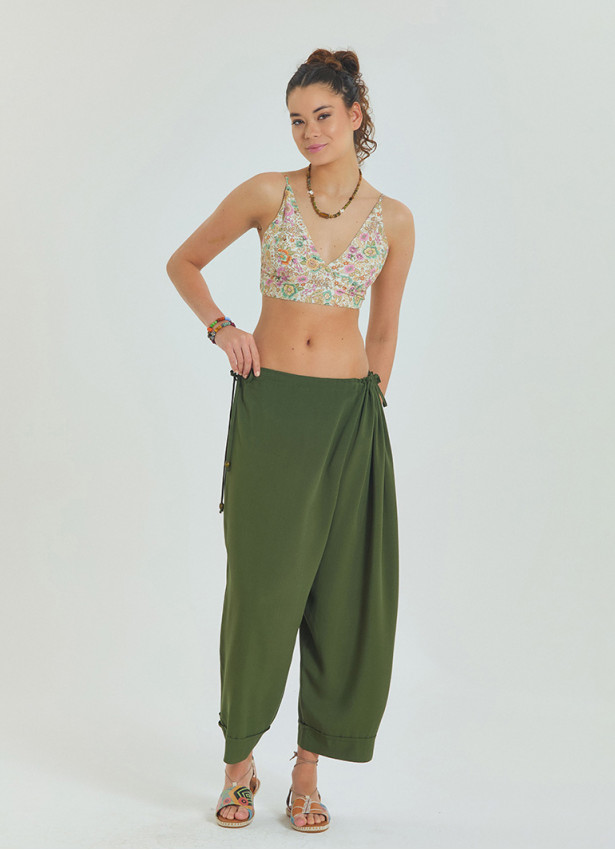 Green Women's Casual Trousers with Adjustable Waist and Rope Detail 4580